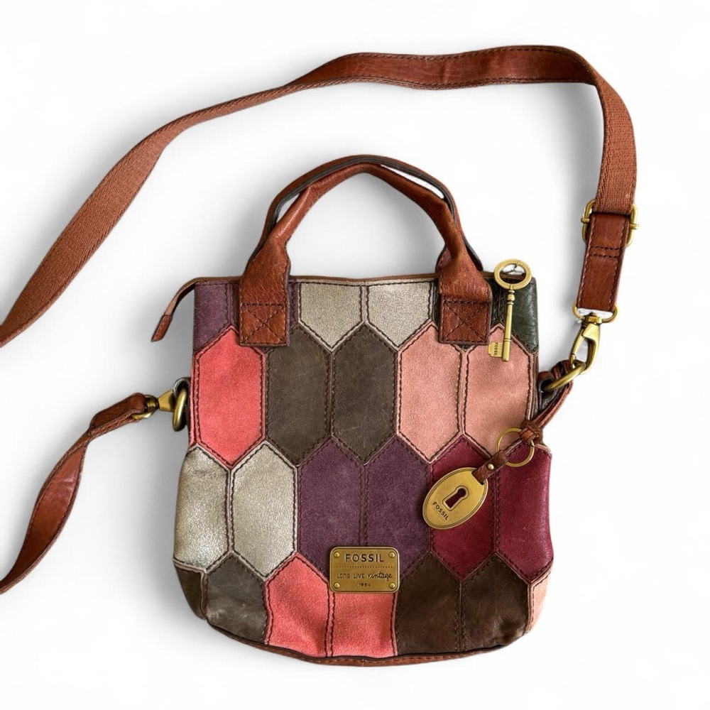 Fossil Brown and Pink Crossbody Bag with Hexagonal Pattern